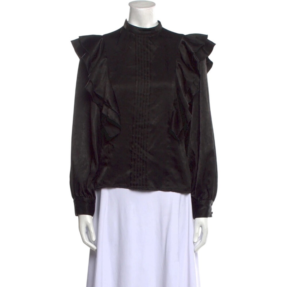 Moussy Size S Black Japanese Crepe Mock Neck Pleated Ruffle Long Sleeve Blouse